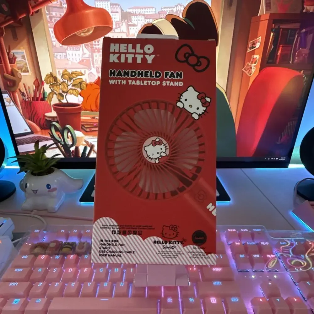 Hello Kitty Portable Fan Stand Makeup Multi Speed Rechargeable Cable 2025 Sanrio